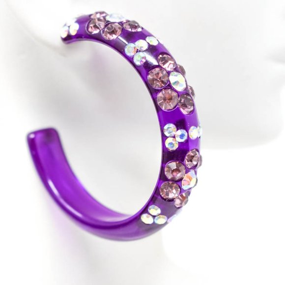 2" Flower Pattern Purple Lucite Rhinestone Hoops - Picture 5 of 13